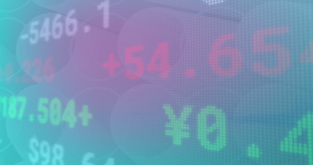 Image of financial data processing over grid. Global business, finance, connections, cloud computing and data processing concept digitally generated image.の写真素材