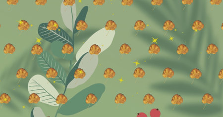 Image of autumn leaves and pattern on green background. Autumn, fall, pattern and nature concept digitally generated image.の写真素材