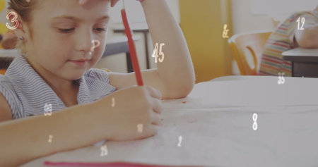 Image of changing numbers and multiple symbols, caucasian girl writing in book. Digital composite, multiple exposure, growth, sign, business, childhood, education and school concept.の写真素材
