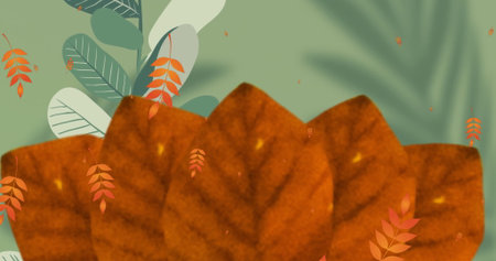 Image of autumn orange leaves and pattern on green background. Autumn, fall, pattern and nature...