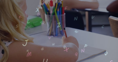 Image of numbers over caucasian schoolgirl writing. Education, learning, school and data processing concept digitally generated image.の写真素材