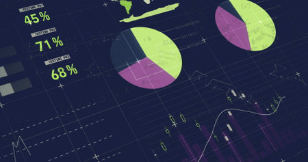 Image of mathematical equations over statistical data processing against blue background. Computer interface and business data technology conceptの写真素材
