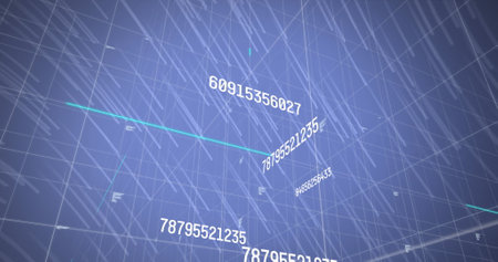 Image of data processing and grid on blue background. Global computing and data processing concept digitally generated image.の写真素材