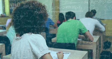 Image of chemical equations against african american woman studying and smiling at college. School,...