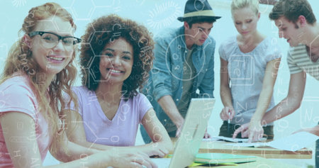 Image of the students are working together to simplify the chemical compounds. global education technology and connections concept digitally generated image.の写真素材