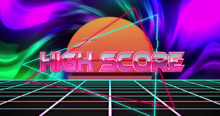 Image of high score text over shapes. Computer games and technology concept digitally generated image.の写真素材