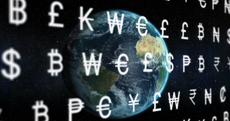 Image of currency symbols and data processing over globe. Global connections, business, finances, computing and data processing concept digitally generated image.の写真素材