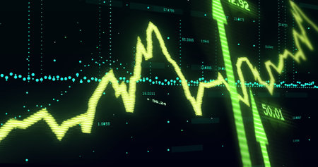 Image of financial data processing with arrow over black background. Global computing and data...