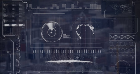 Image of radar, globe, loading bars over modern city in background. Digital composite, multiple...