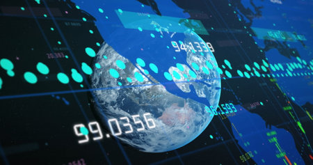 Image of data processing over globe. Global connections, computing and data processing concept...