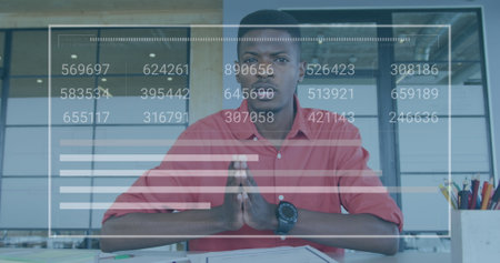 Image of changing numbers over loading bars over african american man talking on image call. Digital composite, business, growth, progress, conference, meeting, discussion, screen, technology.の写真素材