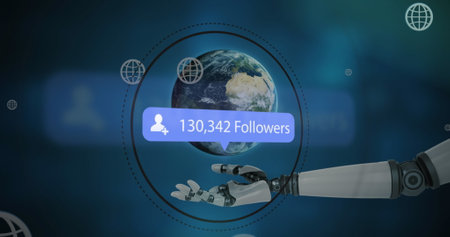 Image of robot arm holding globe with followers notification, person icon, increasing number....