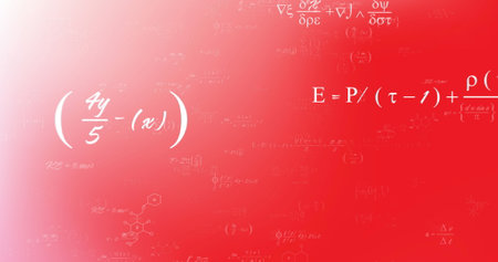 Image of mathematical equations and chemical structures against pink gradient background. School and...