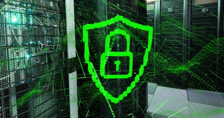 Image of padlock in shield with dynamic wave of dots over data server systems. Digital composite, protection, connection, networking, futuristic, security, data center, network server, technology.の写真素材