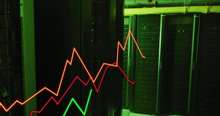Image of growing graphs over illuminated data server systems in server room. Digital composite,...
