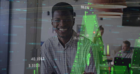 Image of glitch technique, graphs with numbers, smiling african american man in office. Digital composite, multiple exposure, report, business, growth, digits and distortion concept.の写真素材