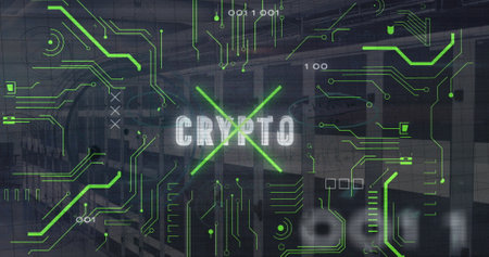 Image of circuit board pattern, binary codes and crypto text over server room. Digital composite,...