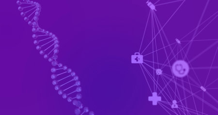 Image of rotating dna helix and connected dots forming globe over abstract background. Digitally...