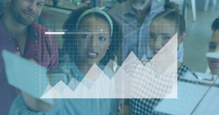 Image of graphs, loading bar, diverse coworkers discussing strategy on sticky notes. Digital composite, multiple exposure, report, business, progress, teamwork and planning concept.の写真素材