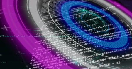 Image of neon round scanner spinning over data processing against black background. Computer...