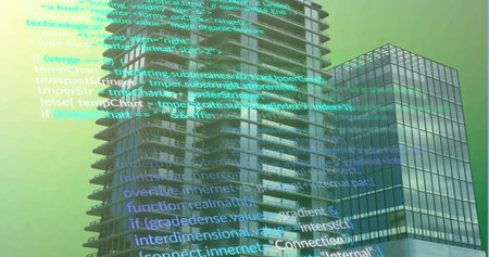 Image of multicolored computer language over modern buildings against gradient background. Digital...
