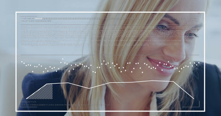 Image of graphs and loading bars over close up of beautiful caucasian woman. Digital composite, multiple exposure, report, abstract, portrait and business concept.の写真素材