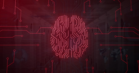 Image of circuit board pattern brain over data server systems in server room. Digital composite, artificial intelligence, network security, data center, networking and network server concept.の写真素材
