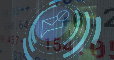 Image of message block icon on round scanner, stock market data processing against server room. Cyber security and business data storage technology conceptの写真素材