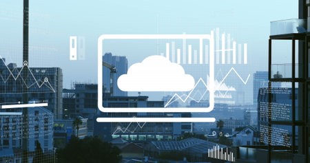 Image of multiple graphs and map over modern buildings against sky. Digital composite, multiple...
