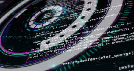 Image of neon round scanner spinning over data processing and spinning globe on black background....