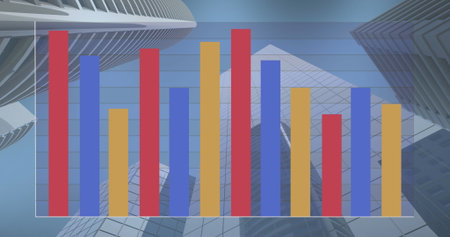 Image of multicolored bar graph over low angle view of modern buildings against sky. Digital...