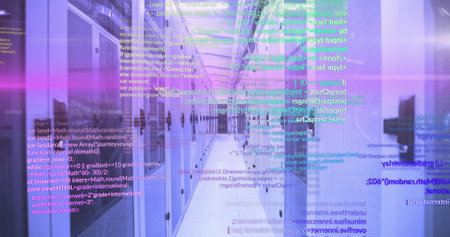 Image of programming languages moving over data server systems. Digital composite, data processing,...