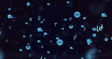 Image of network of connections with icons on black background. network, connections, data and technology concept digitally generated image.の写真素材