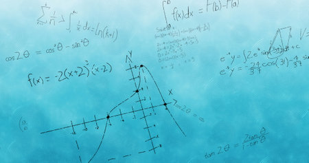 Digital image of mathematical equations and formulas floating against blue background. school and education conceptの写真素材