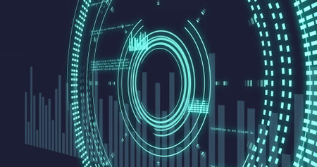 Image of neon round scanner and statistical data processing against blue background. Computer interface and business data technology conceptの写真素材