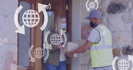 Image of media icons over caucasian woman with face mask taking package. global business,...