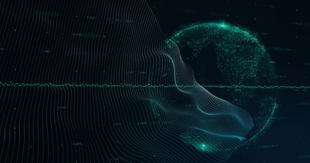 Image of globe and network of connections over dark background. Global digital interface technology...