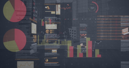 Image of financial data processing over grey background. global business, finances, digital...