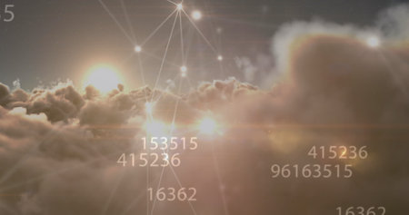 Image of network of connections and numbers processing over sky with clouds. Global connections, computing and digital interface concept digitally generated image.の写真素材