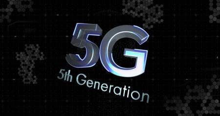 Image of 5g text over shapes on black background. global social media, technology and digital...