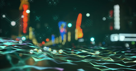 Image of green waves and dots over night blurred cityscape. city life and technology concept digitally generated image.の写真素材