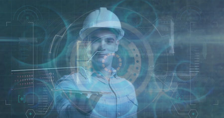 Image of data processing over caucasian male worker. global business and digital interface concept digitally generated image.の写真素材