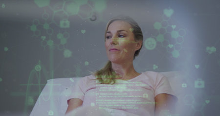 Image of network of connections and data processing over caucasian woman. Global business digital interface technology and networking concept digitally generated image.の写真素材