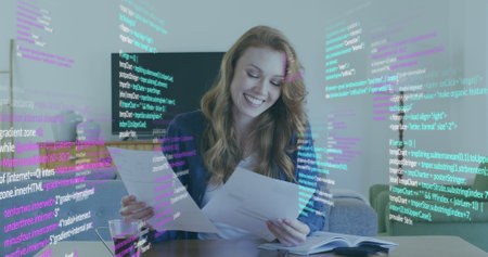 Image of caucasian businesswoman and data processing. Global business, computing, digital interface...