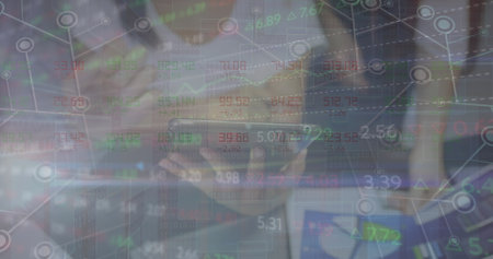 Image of financial data processing over diverse business people using tablet. Global business,...
