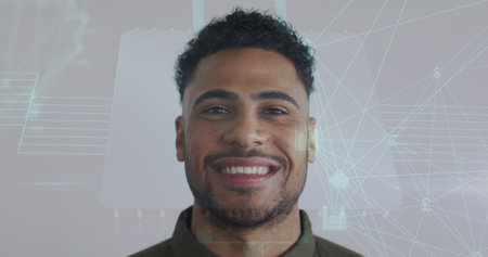 Image of network of connections over businessman. Global connections business digital interface technology and networking concept digitally generated image.の写真素材