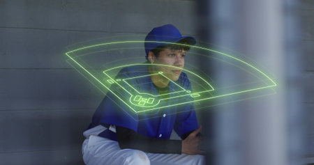 Image of baseball court over biracial female baseball player. Sport, competition and communication...