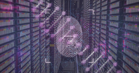 Image of dna structure spinning over biometric fingerprint scanner against computer server room. Cyber security and business data storage technology conceptの写真素材