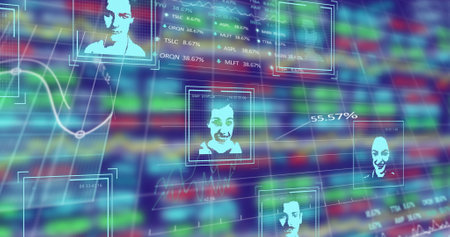 Image of biometric photos and financial data processing.  finance, computing and data processing concept digitally generated image.の写真素材