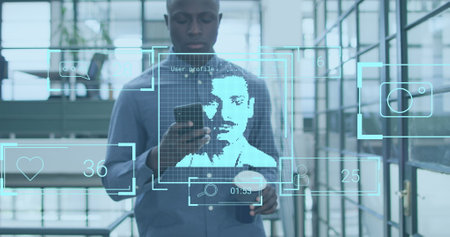 Image of numbers, icons, profile picture, african american man drinking coffee and using phone. Digital composite, multiple exposure, growth, notifications, nft, business and technology concept.の写真素材